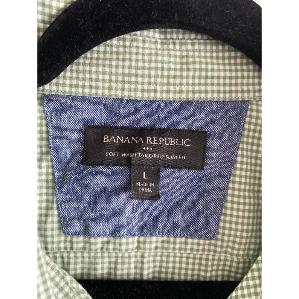Banana Republic Mens Large Green Long Sleeve Gingham Soft‎ Wash Slim Fit